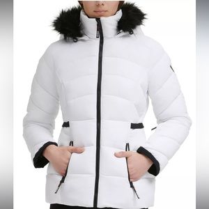 GUESS WHITE WOMENS FAUX FUR TRIM HOODED PUFFER COAT SIZE SMALL